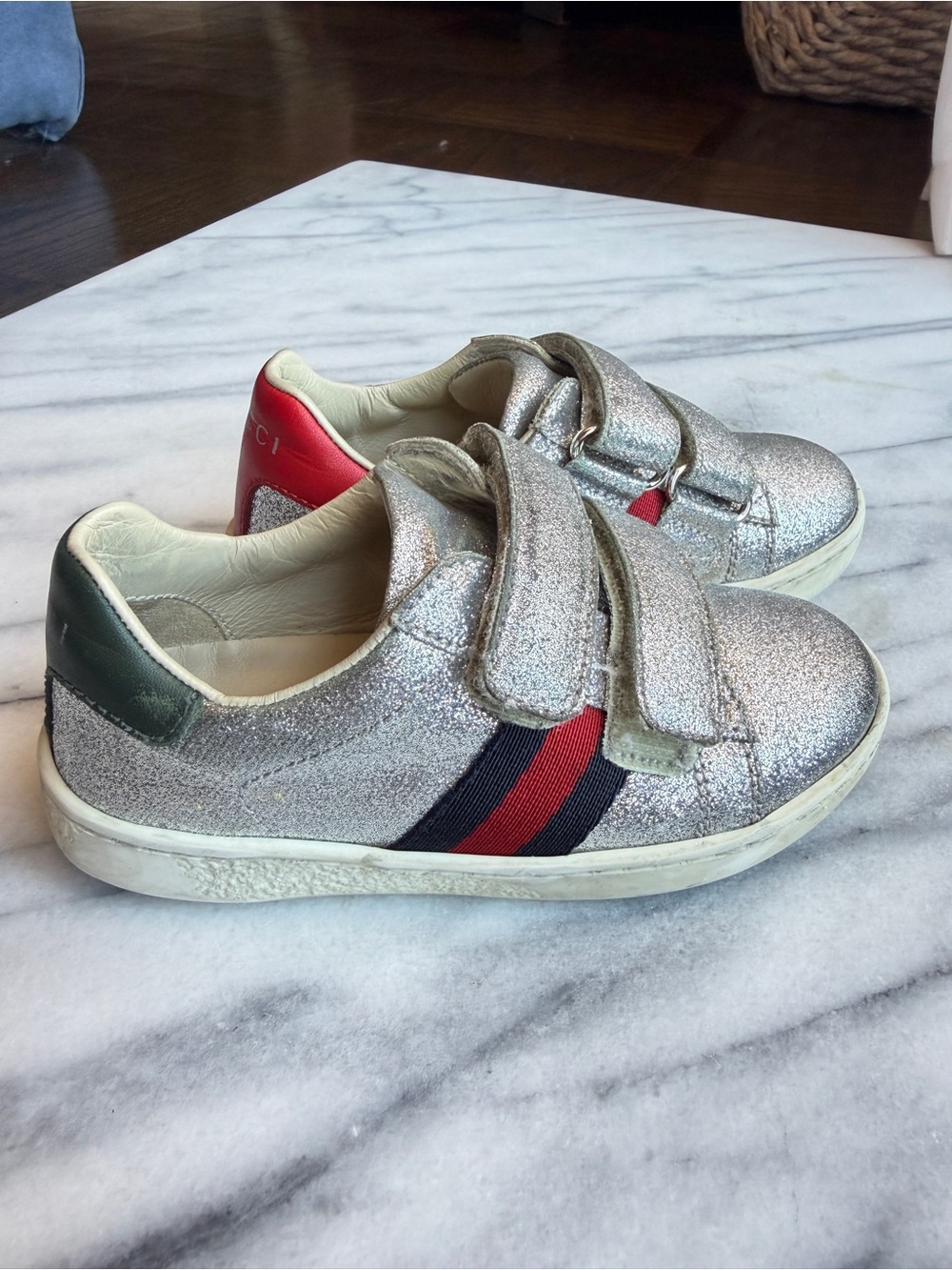 Gucci Kids Ace Silver Glitter Sneakers Red Navy Web Stripe Velcro Size 24